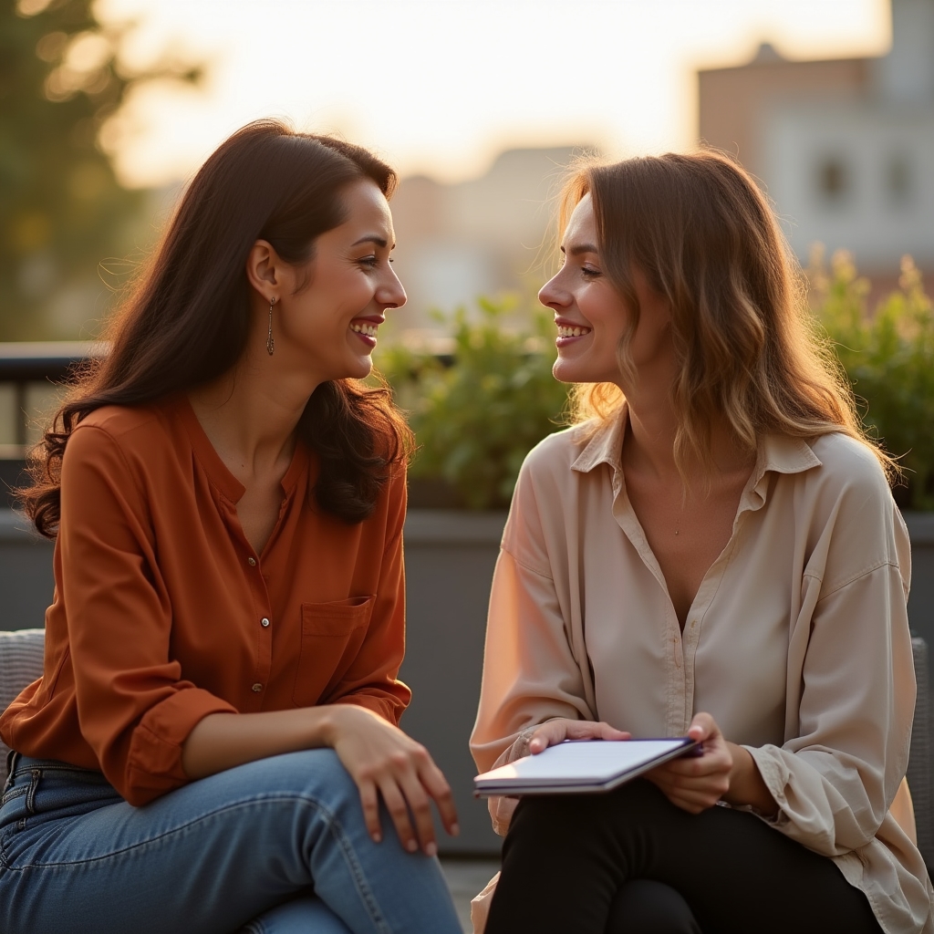 Warm professional consultation between a career advisor and a client returning to work, golden hour outdoor setting