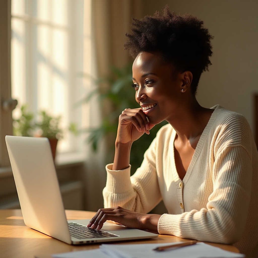 Person opening an email on a laptop showing delivered professional resume documents, warm morning light