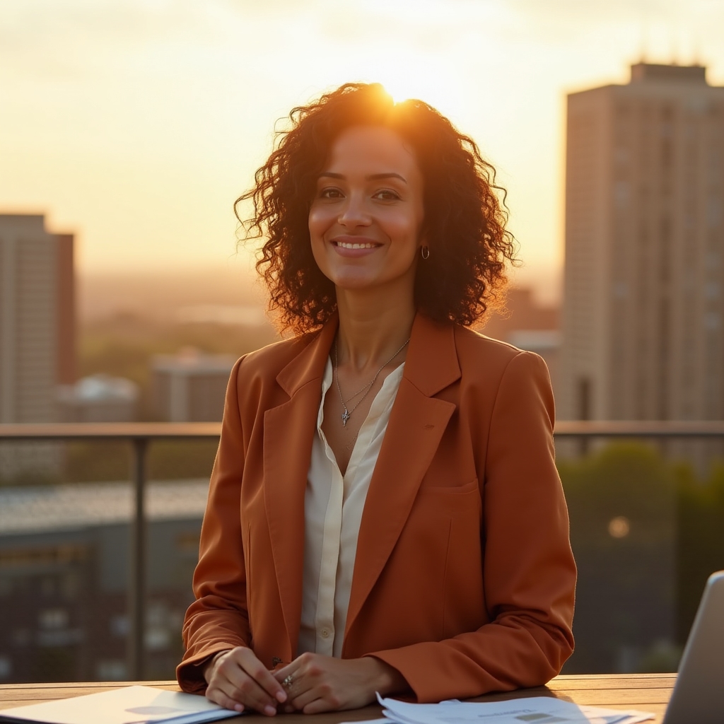 Professional woman reviewing documents at a sunlit outdoor workspace, ready to re-enter the workforce